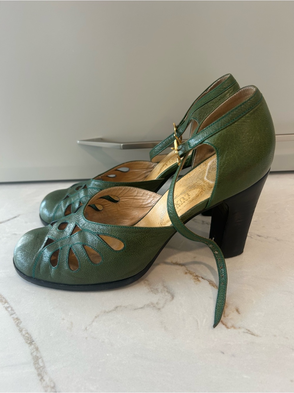 Gorgeous Vintage 1940 Green Leather Cutout Mary Jane Block Heels❤️9